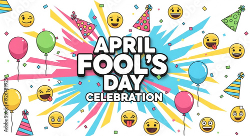 Vibrant april fool's day celebration background with emojis balloons and party hats on white