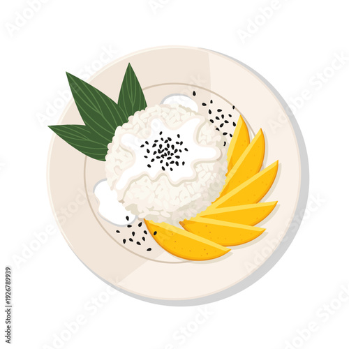 Delicious Thai mango sticky rice dessert served on a white plate with coconut milk.