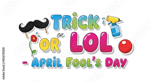 Colorful april fools' day graphic with trick or laugh text and playful illustrations