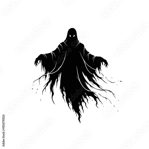 Silhouette of a spooky ghost with tattered edges and glowing eyes, Halloween concept.