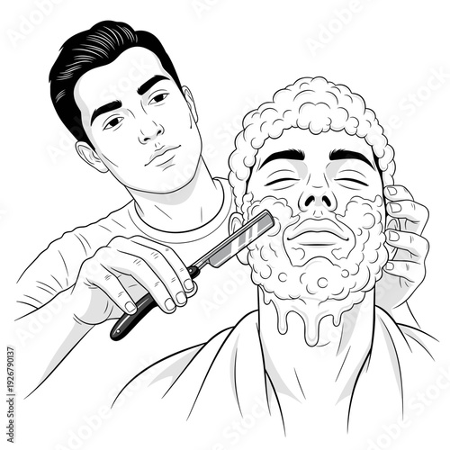 Barber shaves a client's face with a straight razor in a barbershop setting.