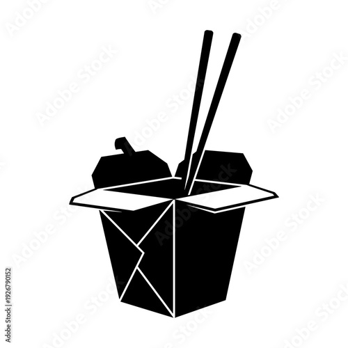 Black and white illustration of a takeout box with chopsticks, ready to eat.