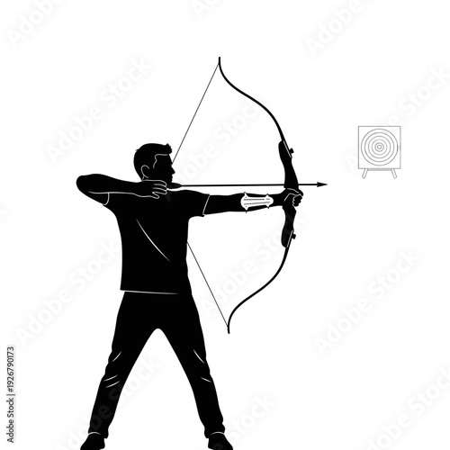 Silhouette of an archer aiming at a target with a bow and arrow.