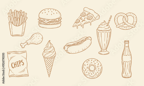 Fast food icons set ink sketch vector illustration. Featuring popular snacks and beverages for menus and casual dining