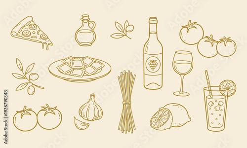 Italian food and drink set doodle line art vector illustration. Pizza and Italian pasta with shrimps set of cheeses and wine vintage design