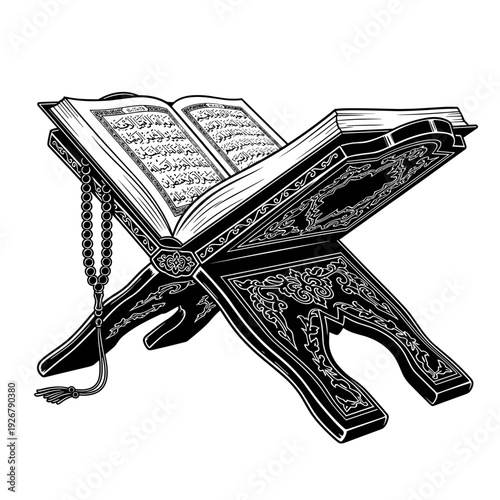 Intricate illustration of the Quran on a wooden lectern with prayer beads.