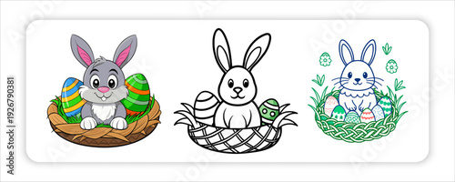 Rabbit breaking out of a chocolate Easter egg in an outdoor scene footer frame border design element	