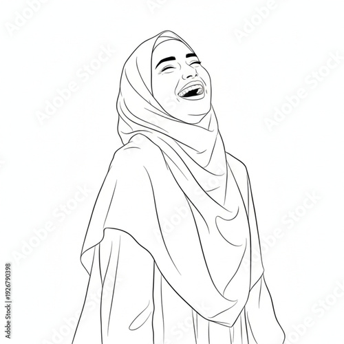 Happy Muslim Woman Laughing Line Art Illustration