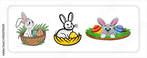Rabbit breaking out of a chocolate Easter egg in an outdoor scene footer frame border design element	