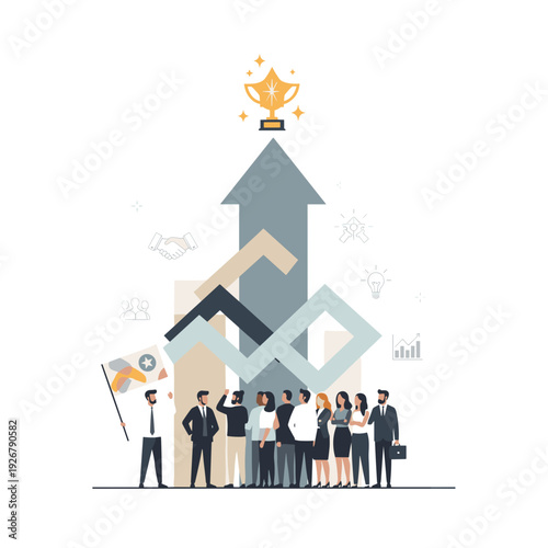 Successful business team celebrating achievement and reaching goals together with trophy.