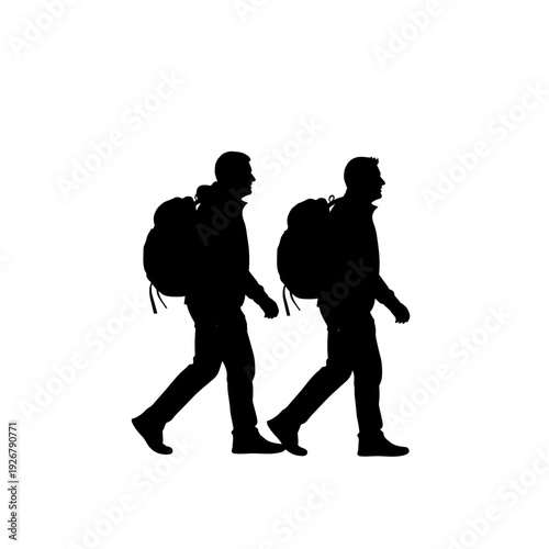 Two hikers walking together with backpacks in a black silhouette on white background.