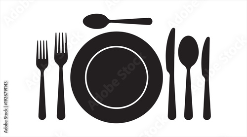 Minimal tableware symbol showing plate fork knife and spoon for restaurant and kitchen design
