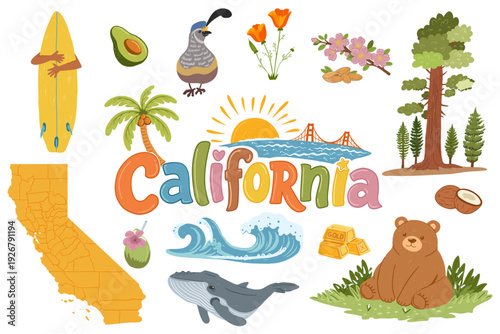 California state symbols collection in playful childlike style