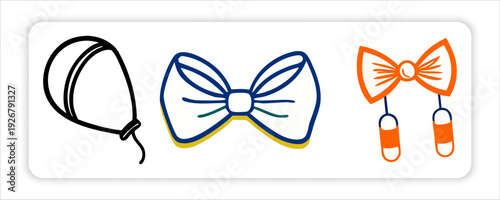 Bow tie illustrations, featuring men’s formal neckwear accessories with classic patterns like stripes, polka dots, 