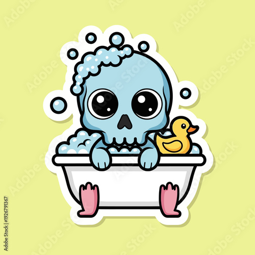 Cute blue cartoon skull taking a bubble bath with a rubber duck, depicted in a charming sticker illustration style.