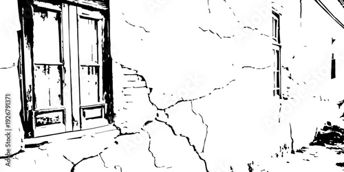 Abstract monochrome landscape featuring ruined brickwork, sketched with rough strokes and minimal background detail.