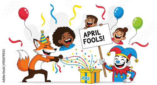 April fools' day celebration with cartoon characters and colorful decorations