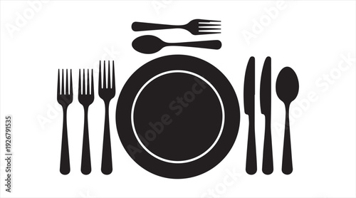 Dining table setting icon with plate and cutlery silhouette isolated on background