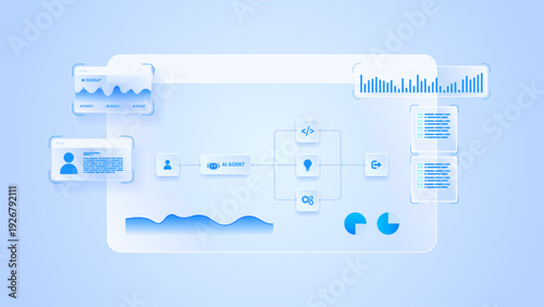AI workflow automation artificial intelligence. ai agent network diagram dashboard machine learning architecture data analytics flow, data processing flow and integration system.
