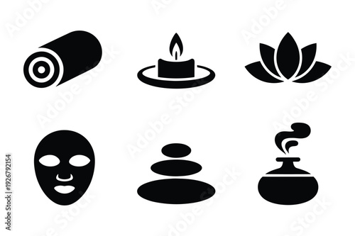 Wellness and spa icons: massage, candle, lotus, and more