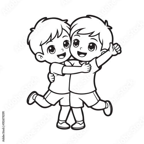 Adorable cartoon boys hugging each other happily, representing friendship, joy, and childhood camaraderie with outlines for coloring