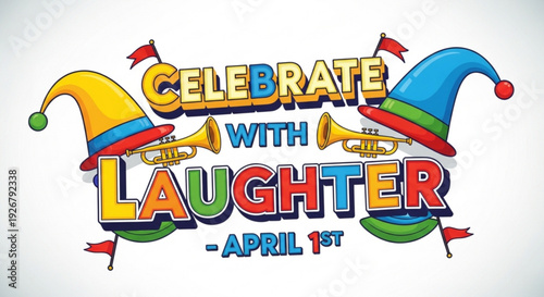 Colorful april fools' day celebration graphic with jester hats and trumpets