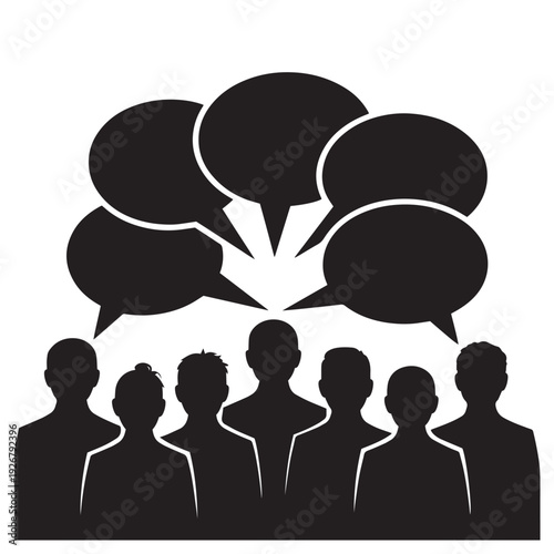 A group of diverse people in silhouette engaged in conversation, depicted with numerous speech bubbles above their heads on transparent background