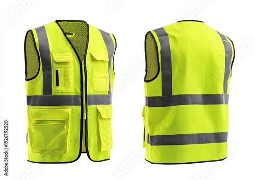 Two views of a high-visibility safety vest, front and back, against a white background