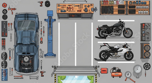 Detailed overhead view of a car and motorcycle repair garage with tools and equipment.