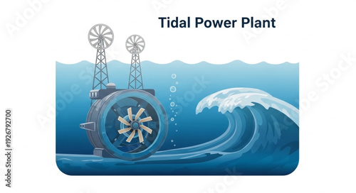 Tidal Power Plant Generating Electricity from Ocean Waves and Turbines.