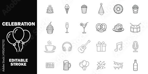 Black and white line for celebration food drinks music and party d