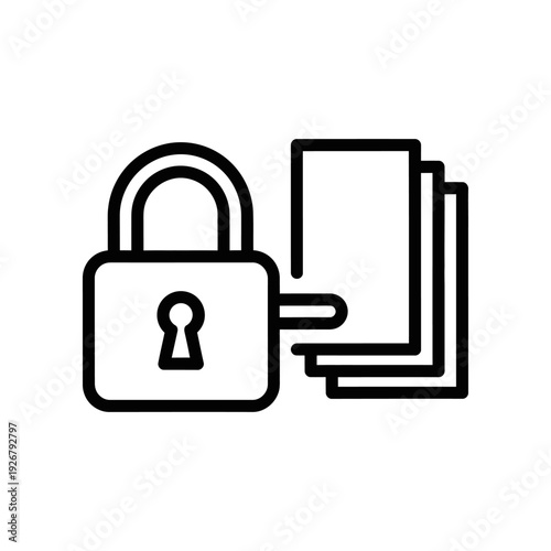 Minimalist vector illustration of a digital security lock linking to an open book, symbolizing data protection, cybersecurity, and knowledge sharing in a clean, modern design.