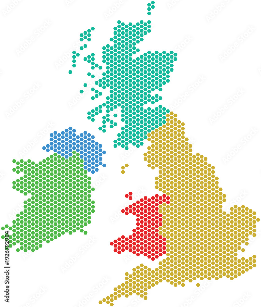 Obraz premium Colorful UK and Ireland Map with Hexagon Honeycomb Regional Divisions Vector