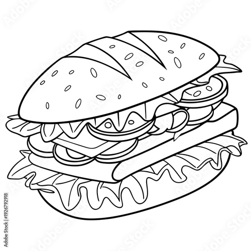 Delicious and hearty submarine sandwich coloring page illustration featuring layered fillings perfect for food art activities
