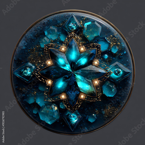 Wallpaper Mural Glowing Blue Gemstone Lotus Design with Gold Accents and Sparkling Dust Torontodigital.ca