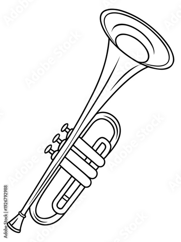 Simple black and white line art illustration of a classic trumpet instrument perfect for coloring book pages or music design projects