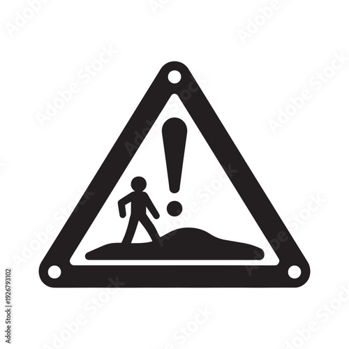 A triangular warning sign indicating an uneven surface or obstacle with a person about to trip and an exclamation mark on transparent background
