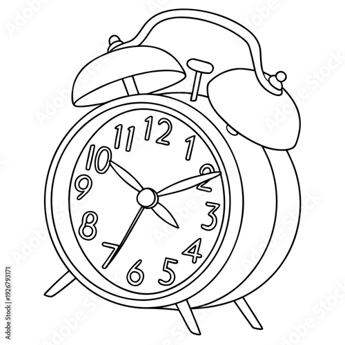 Simple black and white outline drawing of a classic twin bell alarm clock displaying the current time on its numbered face ready for coloring.