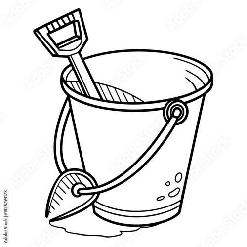 Simple black and white outline drawing of a classic beach sand bucket with a small shovel tucked inside ready for seaside fun.