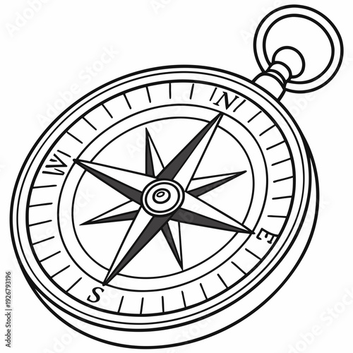 Nautical pocket compass illustration showing the magnetic north pointing direction on a classic navigational tool for direction finding and travel