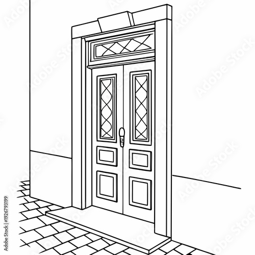 Detailed black and white outline drawing of an ornate double entry door featuring decorative glass panels and a stone threshold leading to a cobbled walkway.