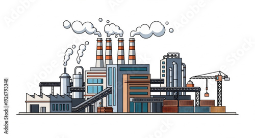 Industrial complex illustration depicting factories and chimneys emitting pollution into the atmosphere.