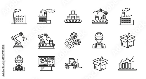 Industrial production and manufacturing process icons in a line art style.