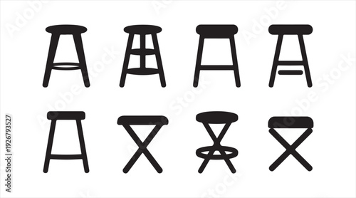 Seating stool symbol pack with various chair shapes isolated on background