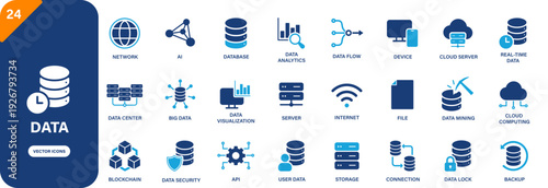 Data icon collection featuring data flow, server, data center, cloud computing and storage symbols. Solid vector icons.