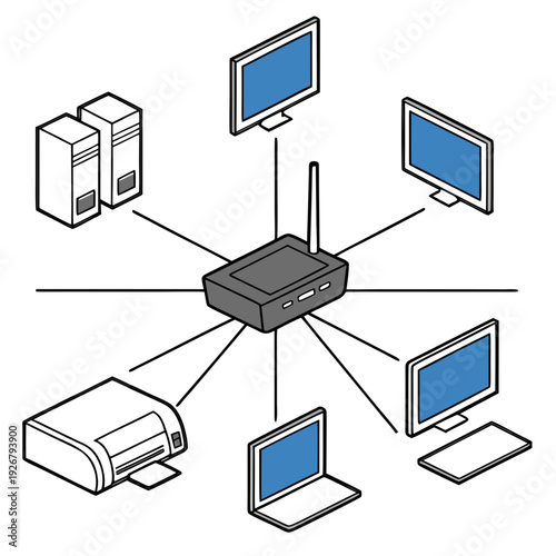 Network devices connected to a central router Vector