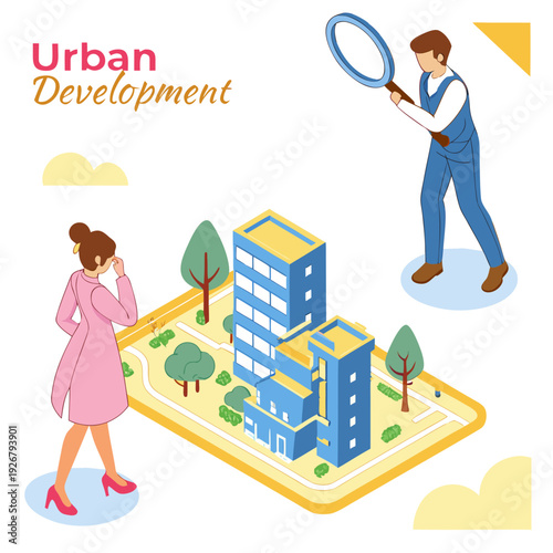 A man and woman looking at a model of a building Vector