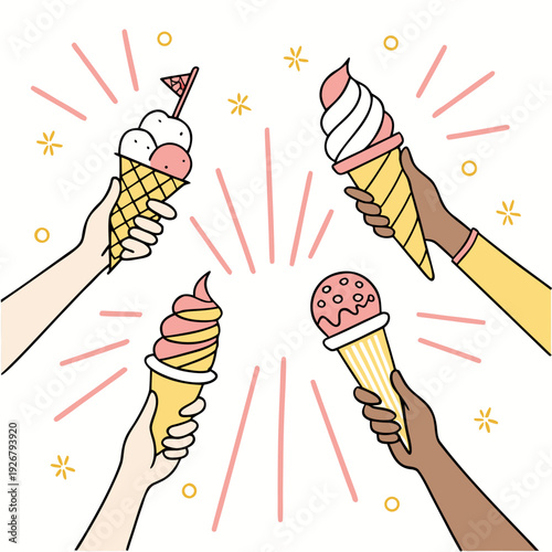 Hands holding ice cream cones in celebration Vector