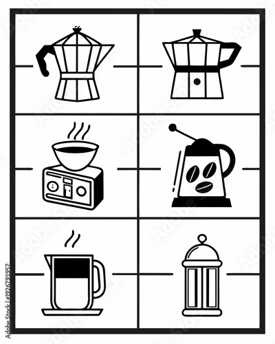 A collection of coffee and tea brewing devices and accessories Vector
