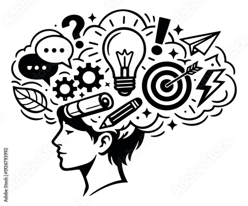 Monoline line art illustration of a creative thinking mind depicting generating ideas and problem-solving strategies for business development and innovation